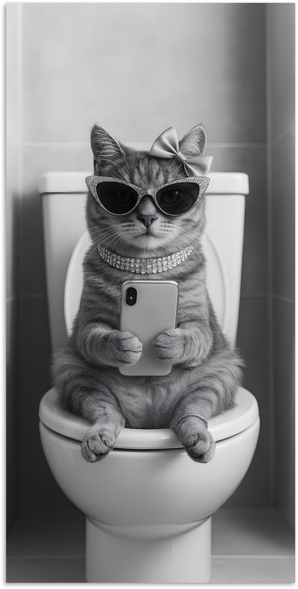 Poster 60x120 cm - Kat - Telefoon - Toilet - Zwart - Wit - Posters - Kamer decoratie - Wan