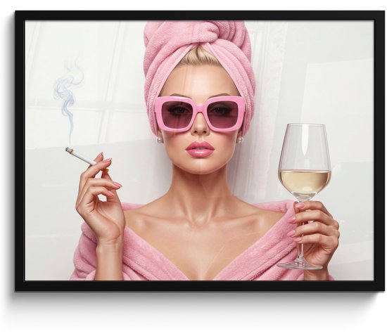 Poster in lijst - Fotolijst 80x60 cm - Posters - Vrouw - Roze - Wijn - Zonnebril - Posterlijst zwart - Decoratie - Wanddecoratie woonkamer - Muurdecoratie slaapkamer