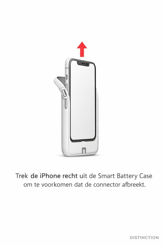 Illustration de la façon de retirer un iPhone d'une coque de batterie Distinction. Une flèche pointe vers le haut.
