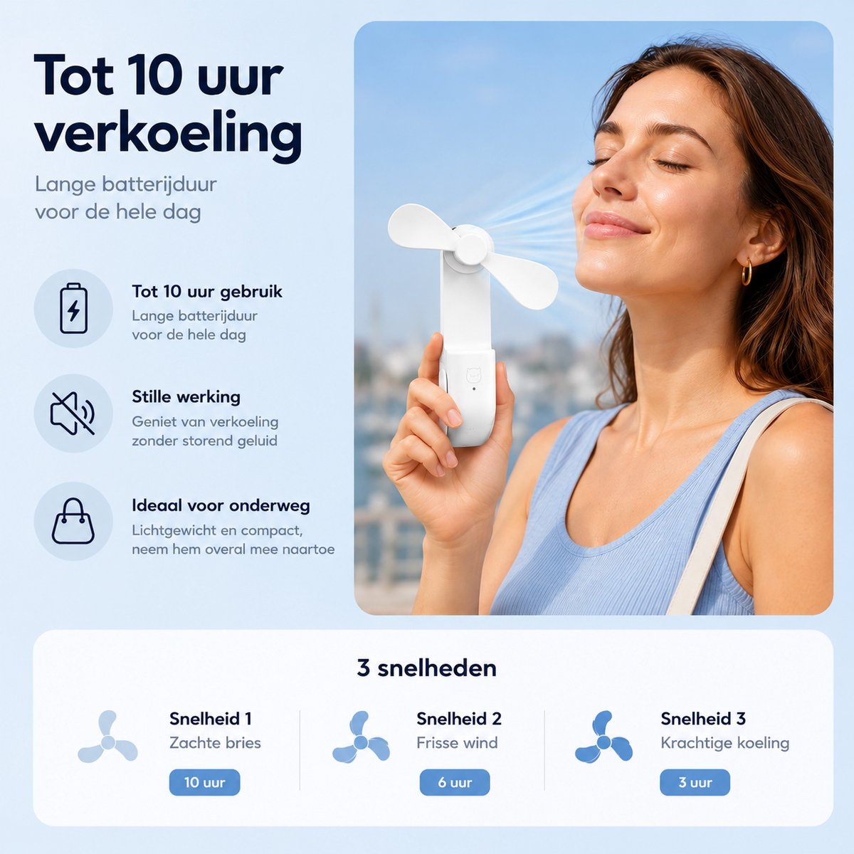 Handventilator oplaadbaar - Wit - 3 standen - Hand Ventilator usb - Mini Bureau Waaiers Gezichtsventilator - Portable fan opvliegers Mini ventilator usb Halsventilator - Draagbare ventilator — afbeelding 3
