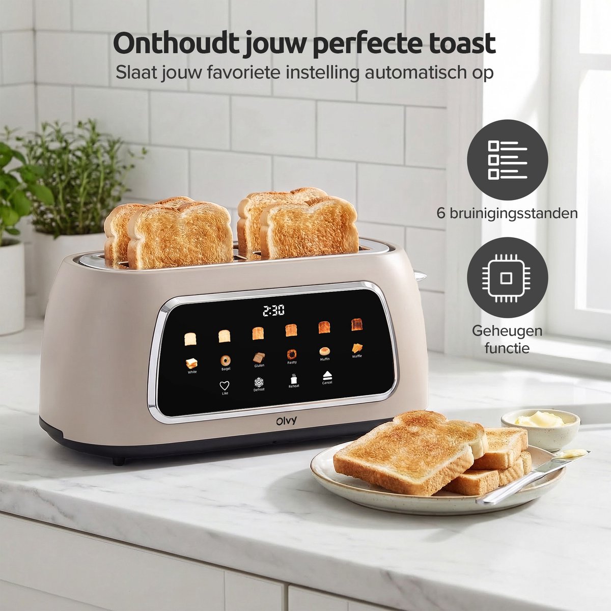 Olvy Broodrooster XL - Lange Sleuven - Timerfunctie - LCD Display - Kruimellade - Toaster - 1500W - Ontdooien & Opwarmen - Beige thumbnail 3