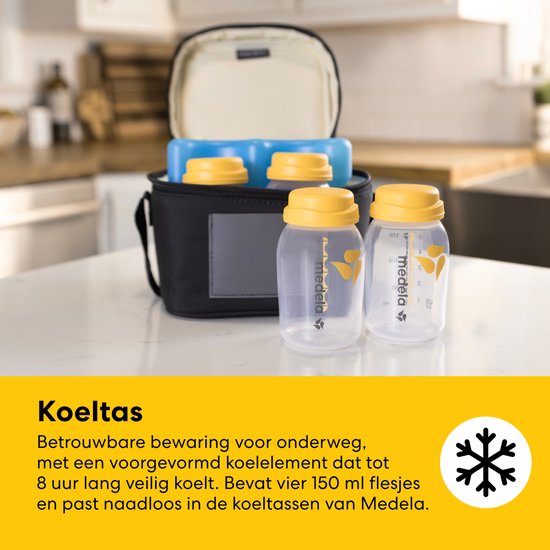 Grijze koeltas met gele flessendeksels en blauwe koelelementen, met twee Medela flesjes ernaast.
