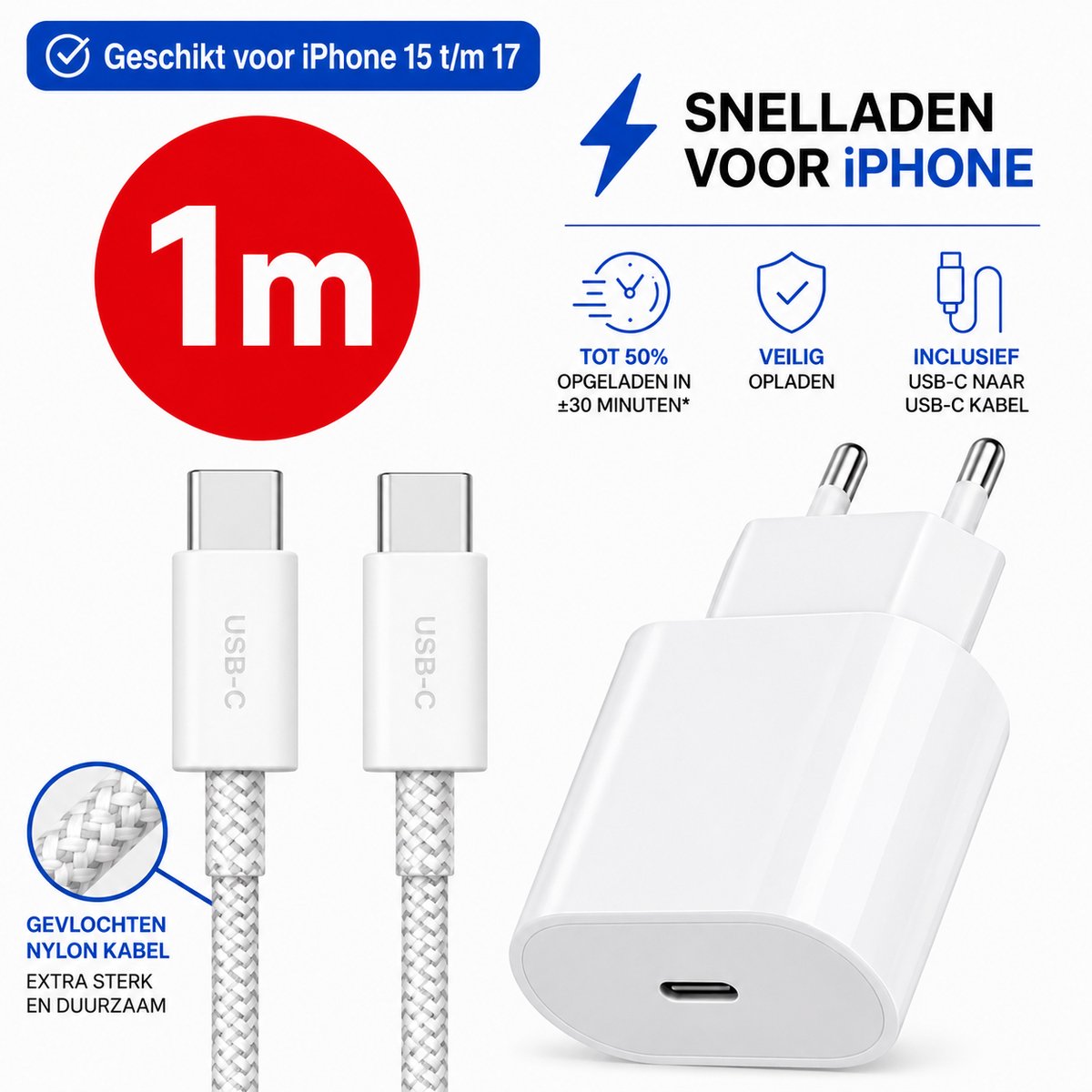 Apple iPhone USB-C Oplader + USB-C Kabel – Snellader geschikt voor iPhone 17 / 16 / 15 (Pro / Pro Max / Plus) – Power Delivery Adapter