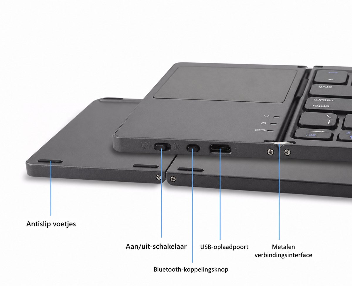 Toetsenbord-Draadloos Opvouwbaar / Inklapbaar Toetsenbord met Touchpad - Bluetooth Keyboard - Voor Tablet / (Windows) PC / Apple Mac - iPad - Samsung - iPhone - Macbook - iMac / Android - QWERTY - Opvouwbaar - Zwart thumbnail 4