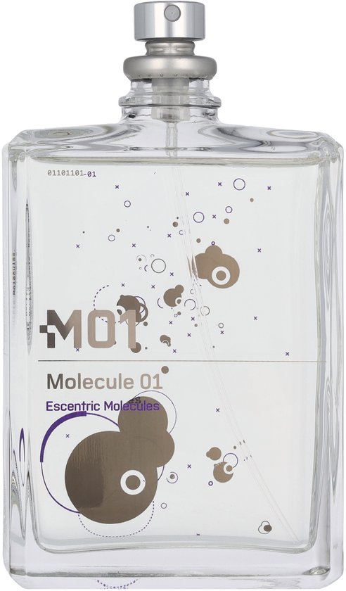 Transparante fles met een zilveren dop. Het glas is bedrukt met grijze en paarse moleculaire vormen en de tekst 'M01 Molecule 01 Escentric Molecules'.