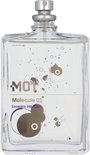Transparante fles met een zilveren dop. Het glas is bedrukt met grijze en paarse moleculaire vormen en de tekst 'M01 Molecule 01 Escentric Molecules'.