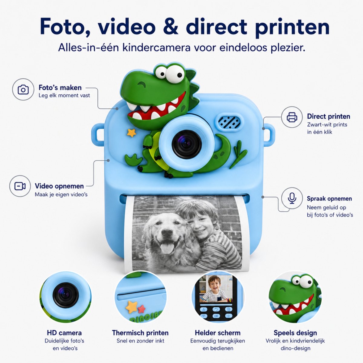 Boncy® Digitale Kindercamera met Foto Printer - Instant Print Kinder Camera - Dinosaurus Fototoestel voor Kinderen Jongens & Meisjes - Digitaal Kindercamera's Speelgoed - Dino Fotocamera 48MP - Fotoprinter Speelgoedcamera Pocket Printer Blauw – foto 6
