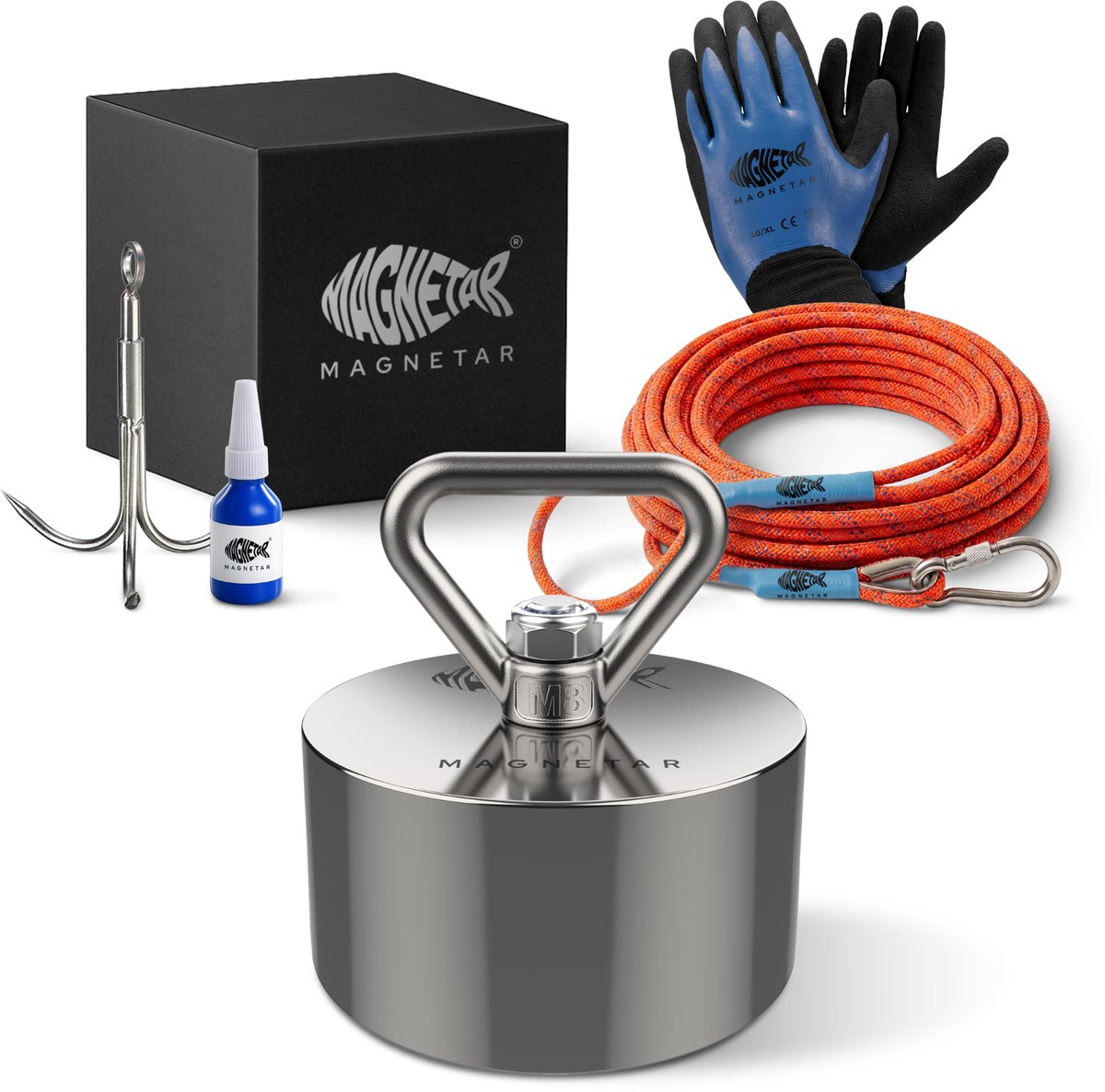 Magnetar Beast Pakket - Vismagneet - Allround 360° 1400kg Magneet - Touw, Handchoenen en Dreghaak - Magneetvissen