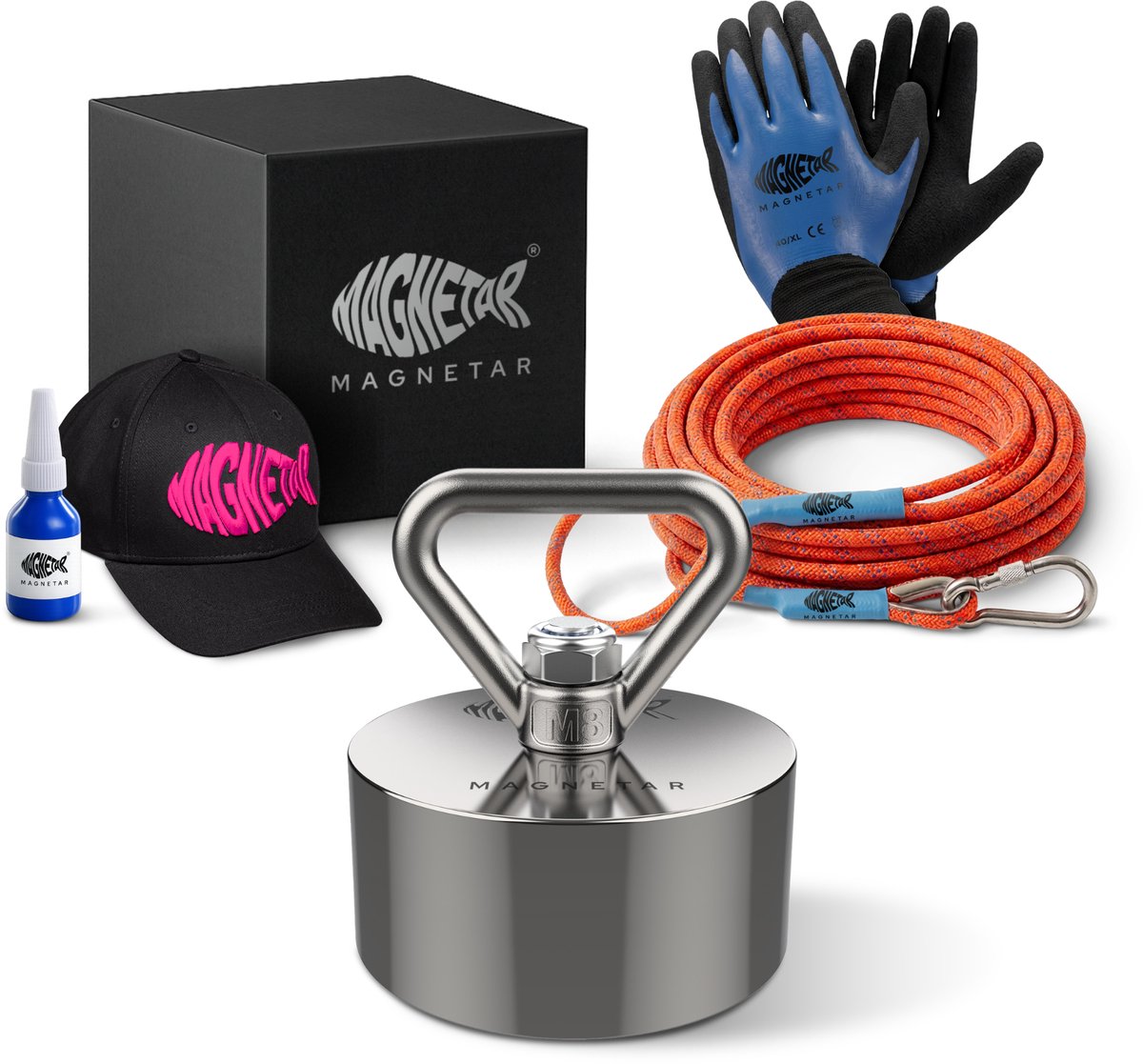 Magnetar Hardcore Pakket Vrouwen - Vismagneet - Allround 360° 600kg Magneet - Touw, Handschoenen en Roze Pet - Magneetvissen