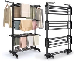 CreateEcom wasrek - droogrek - inklapbaar - kledingrek - droogstandaard - 4 niveaus - op wieltjes - 63,5x125,5x173 cm - zwart