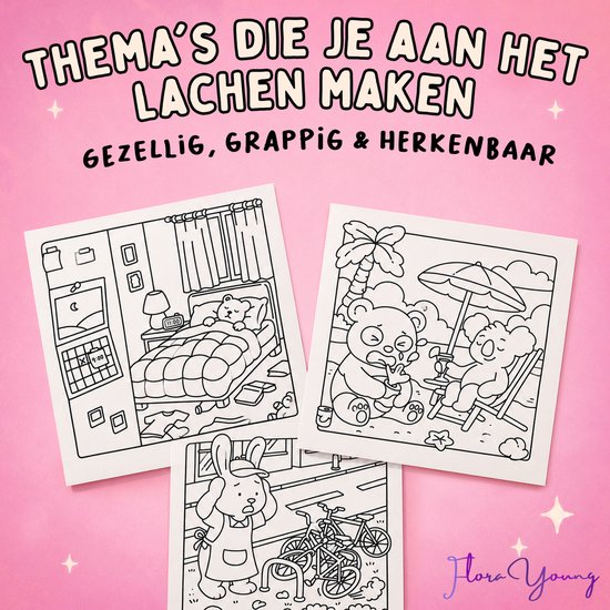 Drie kleurplaten: een beer in bed, twee dieren op strand, konijn bij fietsenrek.