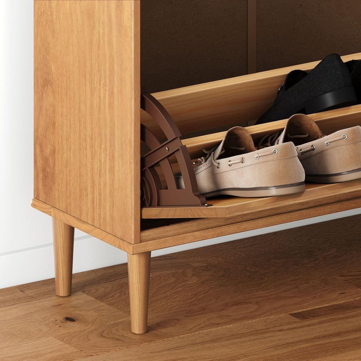 Schoenenkast smal 86x30x106 cm – House&Garden MIKA Schoenenkast met 2 kleppen en 1 lade – eiken Scandinavisch design – houten ruimtebesparende schoenenopberger voor hal en gang – tot 12 paar schoenen