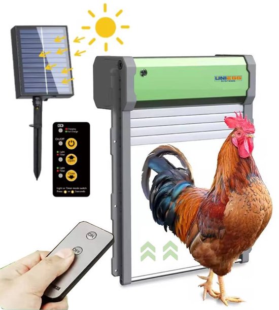 Automatische kippenluik met zonnepaneel, afstandsbediening en haan.