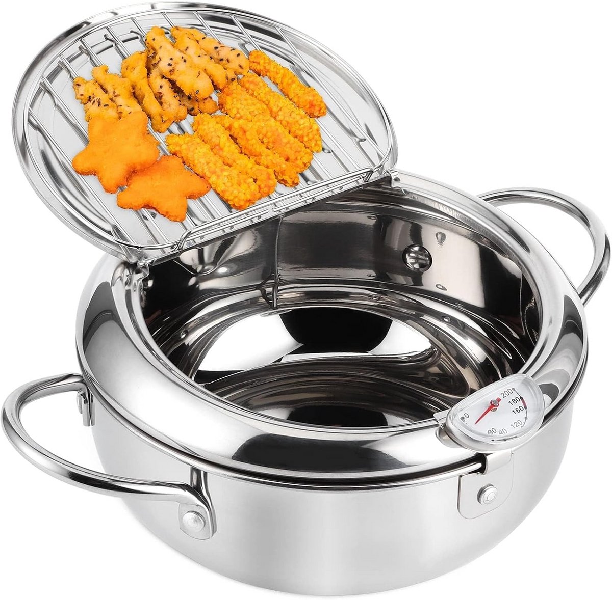 Frituurpan RVS - Japanse Pot - Thuis Frituren - Met Thermometer - 2.2 Liter - Zilver