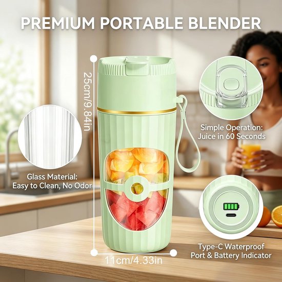 Draagbare Mixer - Mini Blender - Gezonde Dranken Maken - 10 Roestvrijstalen Messen - 400 ml - Groen — afbeelding 2