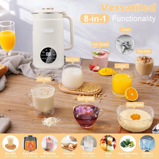Notenmelkmaker, 1200 ml, automatische zelfreiniging, 8-in-1, met timer, geschikt voor havermelk, amandelmelk, sojamelk en vruchtensap, wit. — afbeelding 4