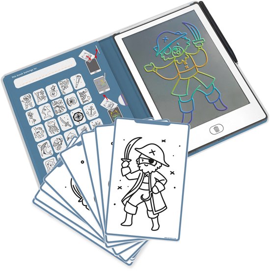 Tablette de dessin KIDYDRAW ouverte avec stylet. À droite, une image de pirate aux couleurs arc-en-ciel, à gauche une feuille d'exercices.