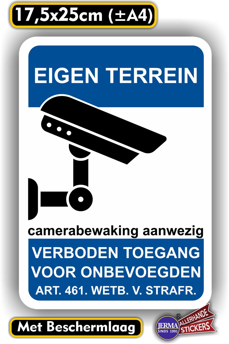 Jerma - EIGEN TERREIN - Sticker - camerabewaking - 17.5x25 cm - Vinyl - Zelfklevend - Weerbestendig
