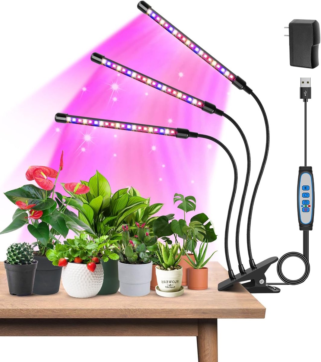 Plantenlampen - 3-kops kweeklampen met rood, blauw en warm wit full-spectrum licht - 60 LED-kweeklampen - Voor het opkweken van zaadjes - Met automatische aan/uit-timer van 6/12/16 uur - 5 dimniveaus - Zwart