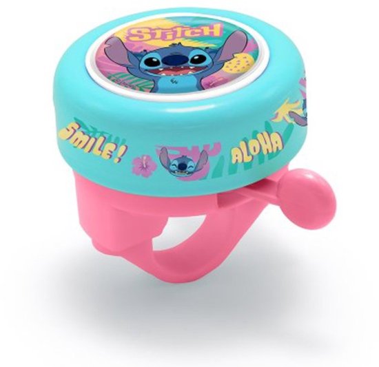 Blauwe fietsbel met Stitch en de tekst "Smile! ALOHA". Roze handvat.