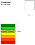 Energie-etiket iPhone 13 (2021) met schalen A t/m G en jaarlijks energieverbruik van 5.5 kWh.