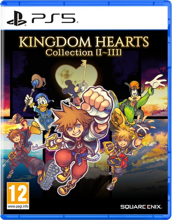 PS5 gamecover KINGDOM HEARTS Collection II~III met Sora, Mickey, Donald, Goofy, Riku en Kairi in actie.