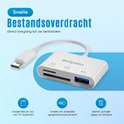 Witte BeSparkz SD-kaartlezer met TF- en SD-kaartsleuven en USB-poort. "Snelle Bestandsoverdracht" tekst.
