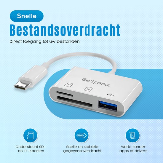 Witte BeSparkz SD-kaartlezer met TF- en SD-kaartsleuven en USB-poort. "Snelle Bestandsoverdracht" tekst.
