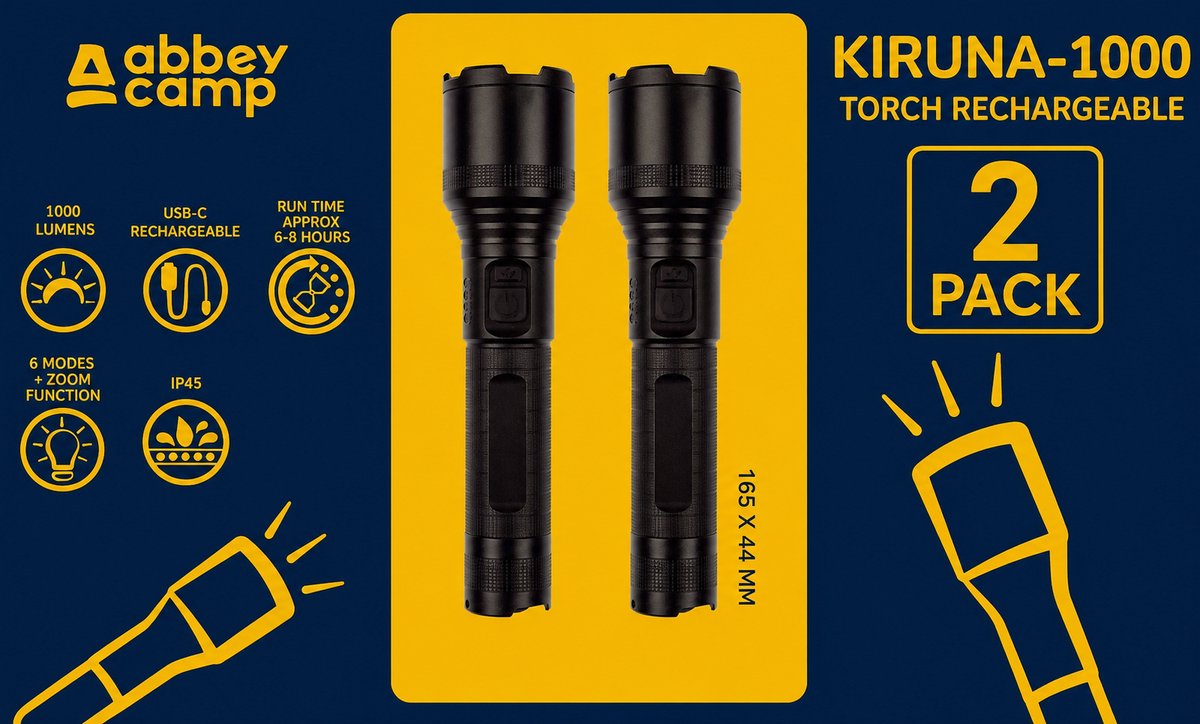 Abbey Camp Zaklamp - Oplaadbaar - USB-C - 6 Standen - 1000 LUMEN - 2 pack