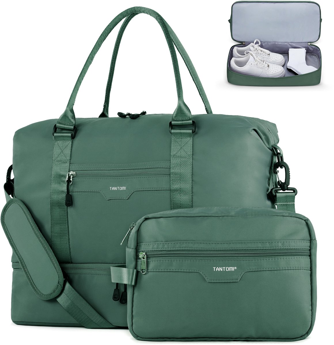 TANTOI - Reistas Handbagage - 46x23x32cm - voor Dames en Heren - met Schoenenvak & Toilettas - Waterdicht - voor reizen, sport, fitness - Weekendtas - Sporttas - Donkergroen