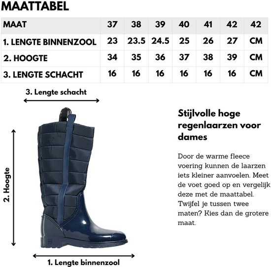 Maattabel en illustratie van navy, gewatteerde regenlaarzen met glanzende PVC-voet.