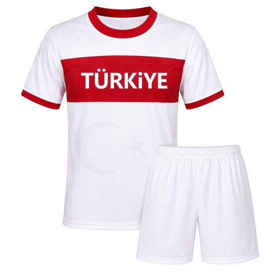 Wit Turkije voetbalshirt met rood/wit gestreepte borstband en witte short. Nationaal embleem op shirt.