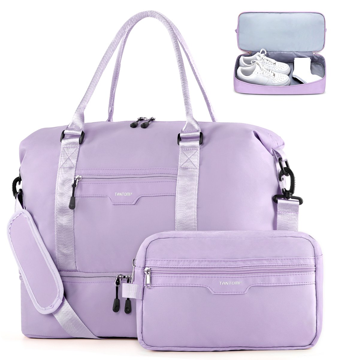 TANTOMI - Reistas Handbagage - 46x23x32cm - voor Dames en Heren - met Schoenenvak & Toilettas - Waterdicht - voor reizen, sport, fitness - Weekendtas - Sporttas - Lichtpaars