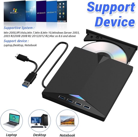 Externe Blu-ray speler - Optisch station - Films kijken - 7-in-1 functionaliteit - Slank en draagbaar - Zwart — afbeelding 5
