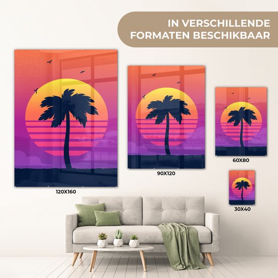 MuchoWow® Peinture sur verre 90x120 cm - Peinture sur verre acrylique - Palmier - Silhouette - Été - Photo sur verre - Peintures