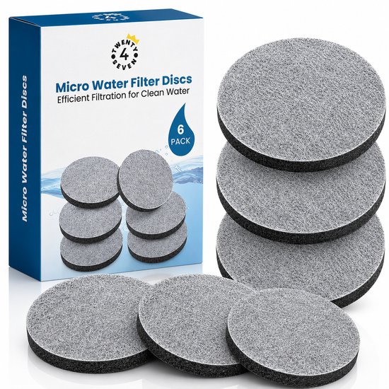 Boîte de 6 disques de micro-filtre à eau et une pile de 6 filtres ronds gris détachés.
