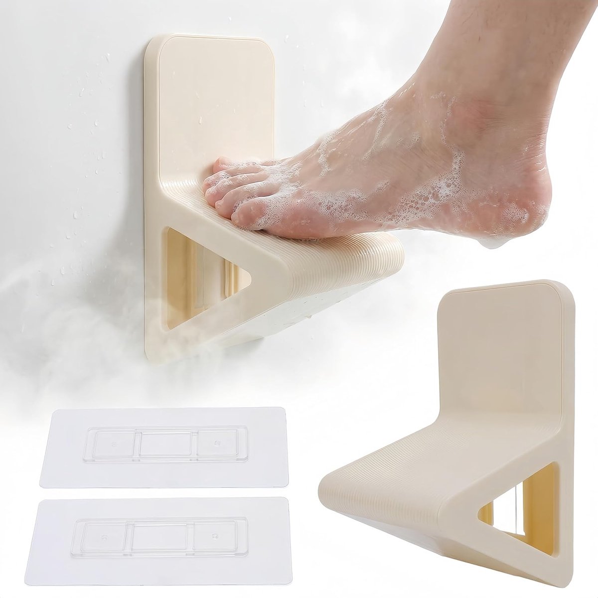 Set van 2 douchevoetsteunen - Boorvrije, aan de muur te bevestigen, driehoekige, antislip voetsteun voor het scheren van de benen, inclusief douchevoetsteunbeugel (beige)