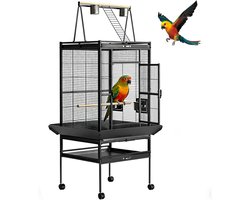 Extra grote vogelkooi van 175 × 81 × 75 cm met speelplatform en verrijdbaar onderstel – Brede metalen papegaaienkooi – Zwart