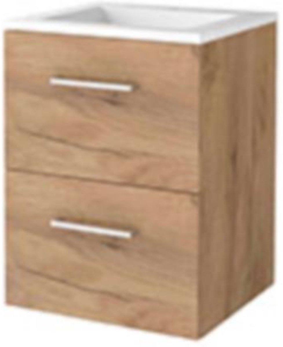Basic-Line Start 46 Badkamermeubelset - 50 x 46 cm - Met Grepen - 2 Lades - Acryl Wastafel - 1 Kraangat - Whisky Oak