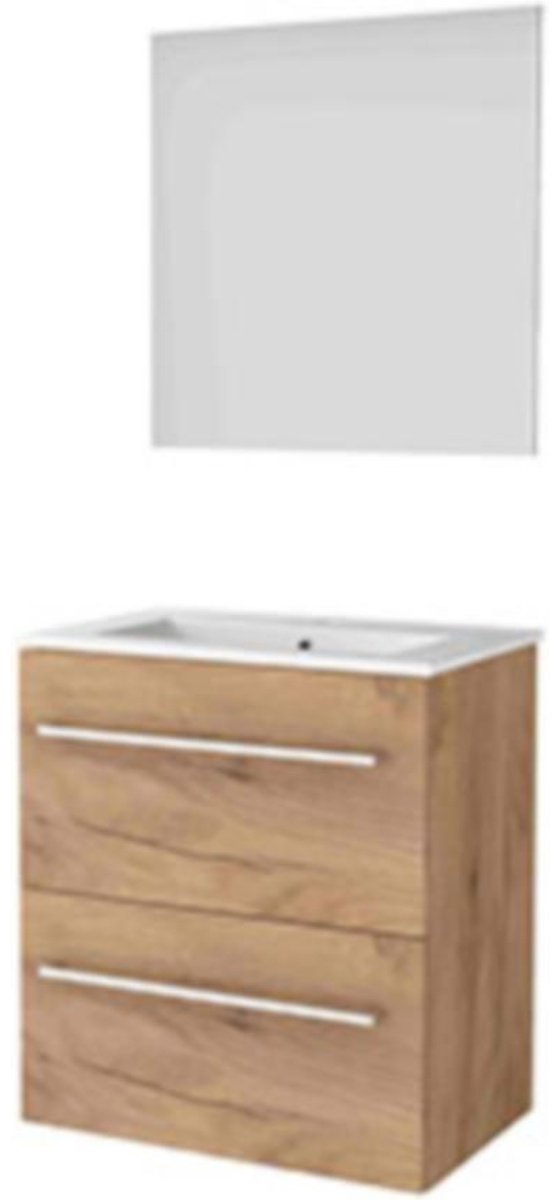 Basic-Line Ultimate 39 Badkamermeubelset - Ondiep - 60 x 39 cm - Met Grepen - 2 Lades - Keramische Wastafel - 1 Kraangat - Spiegel met Indirecte LED Verlichting - Whisky Oak