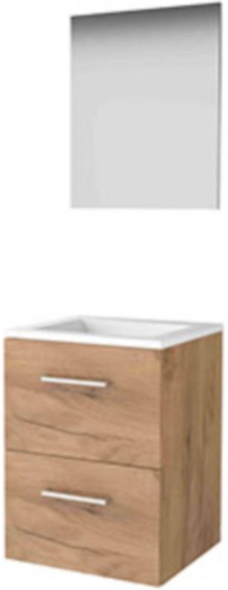 Basic-Line Basic 46 Badkamermeubelset - 50 x 46 cm - Met Grepen - 2 Lades - Acryl Wastafel - Zonder Kraangat - Spiegel - Whisky Oak