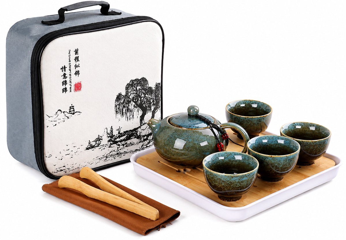 CINK Home® Chinese Theeset met Reistas – 6-delig Porseleinen Tea Set – Inclusief Theepot & 4 Theekopjes – Portable Kung Fu Theeservies - Blauw