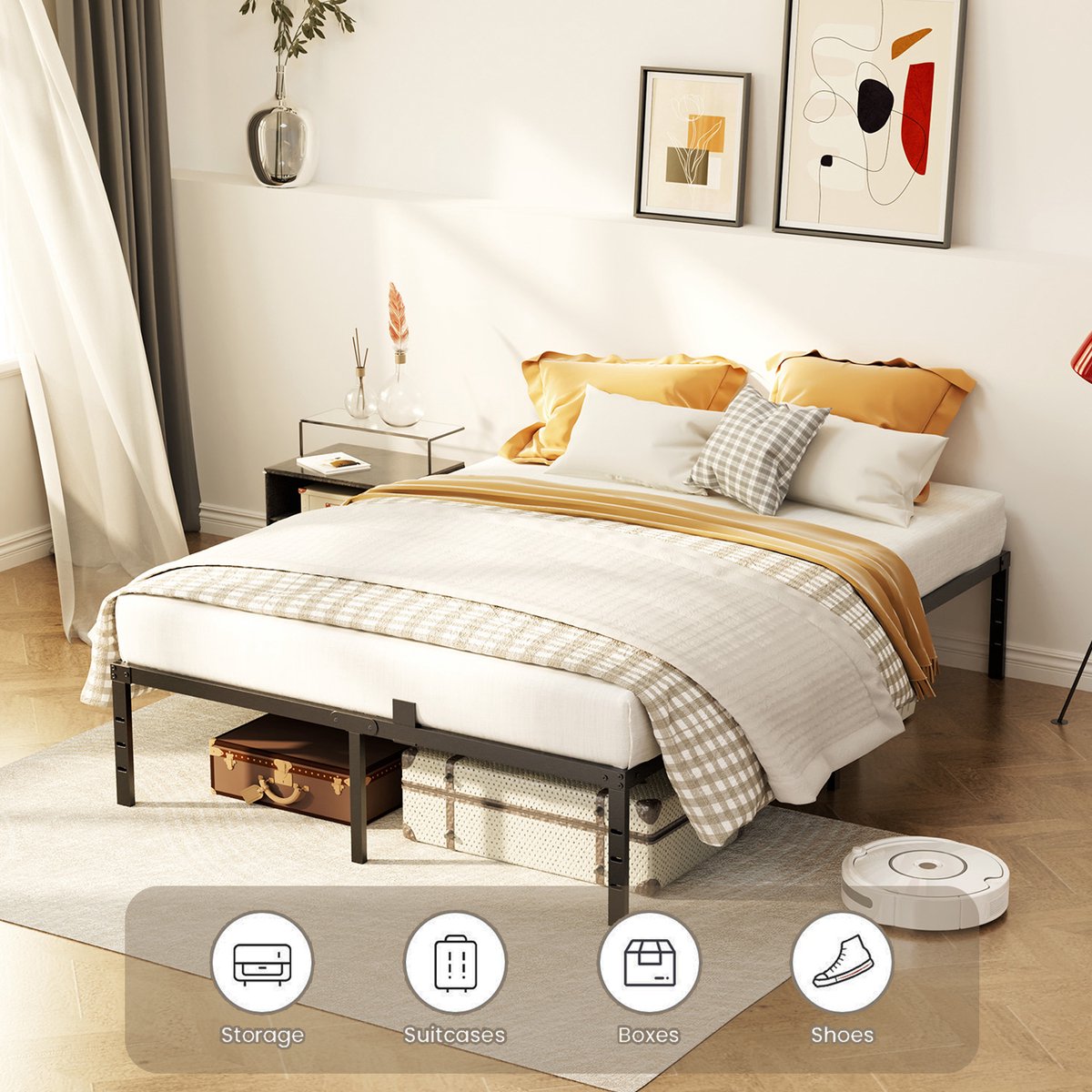 Auralum® Tweepersoonsbed 140x200 cm - Heavy Duty Metalen Bedframe - Met Lattenbodem en 32 cm Opbergruimte - Voor 2 personen - Draagkracht 480 kg