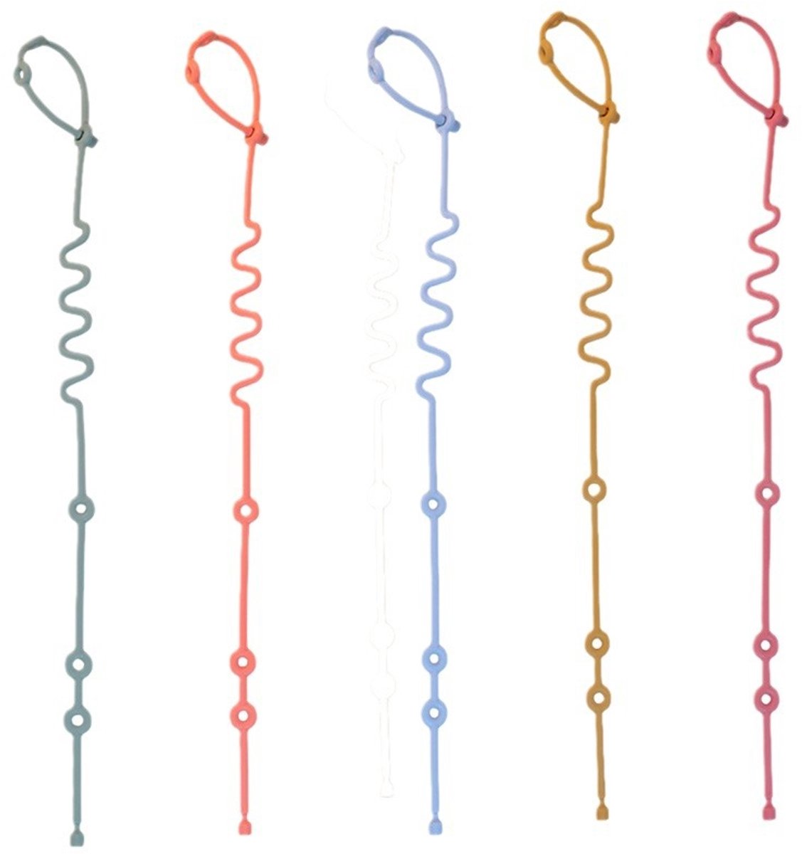 Hangtouw - 5 Stuks - Ketting - Siliconen - Verstelbare bandjes - Koord - Multifunctioneel anti-verliestouw - Fopspeenketting - Ophangtouw voor babyflesjes en waterbekers - Geschikt voor kinderwagens, kinderstoelen en autostoeltjes - L50cm - 5 Kleuren