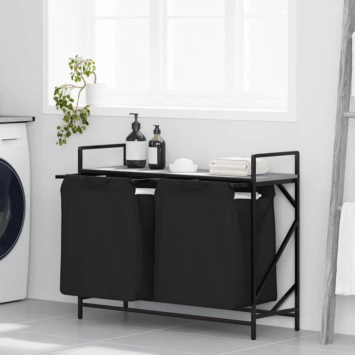 Wasmand met plank - Kleding sorteren - Orde houden - Twee vakken - 97 cm breed - Grijs Sonoma