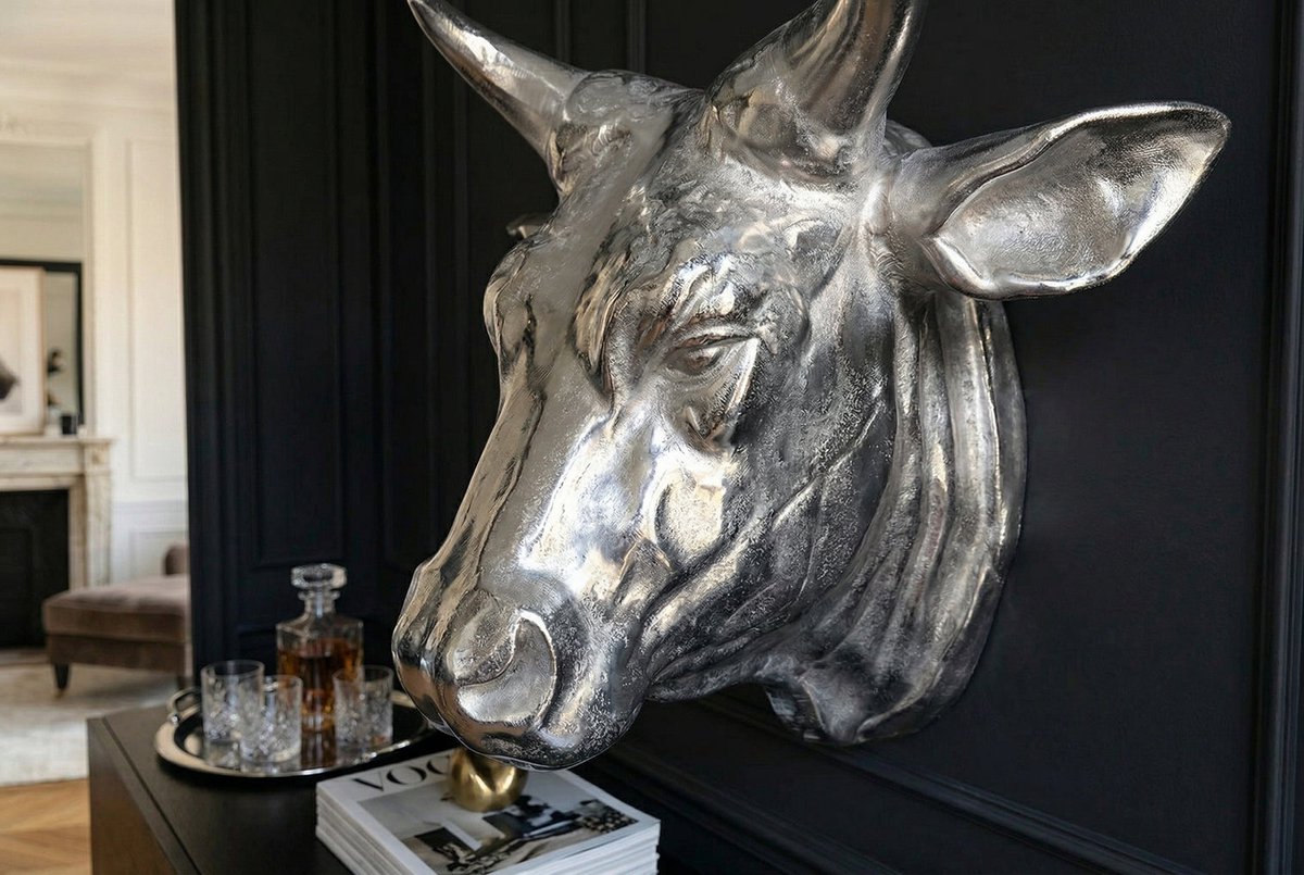 Extravagante wanddecoratie van een stierenkop TORERO 65cm zilveren decoratieve schedel - 17372