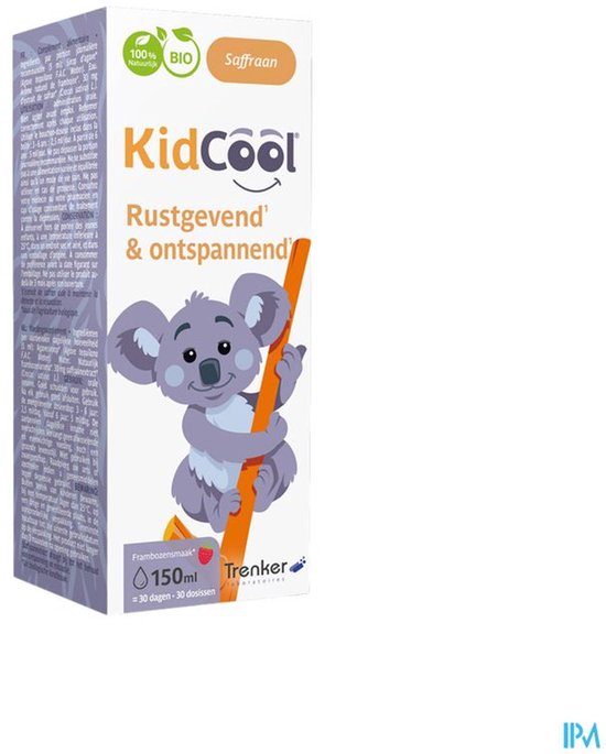 Zijaanzicht van de doos met KidCool logo, koala en tekst "Rustgevend & ontspannend", 150 ml frambozensmaak.