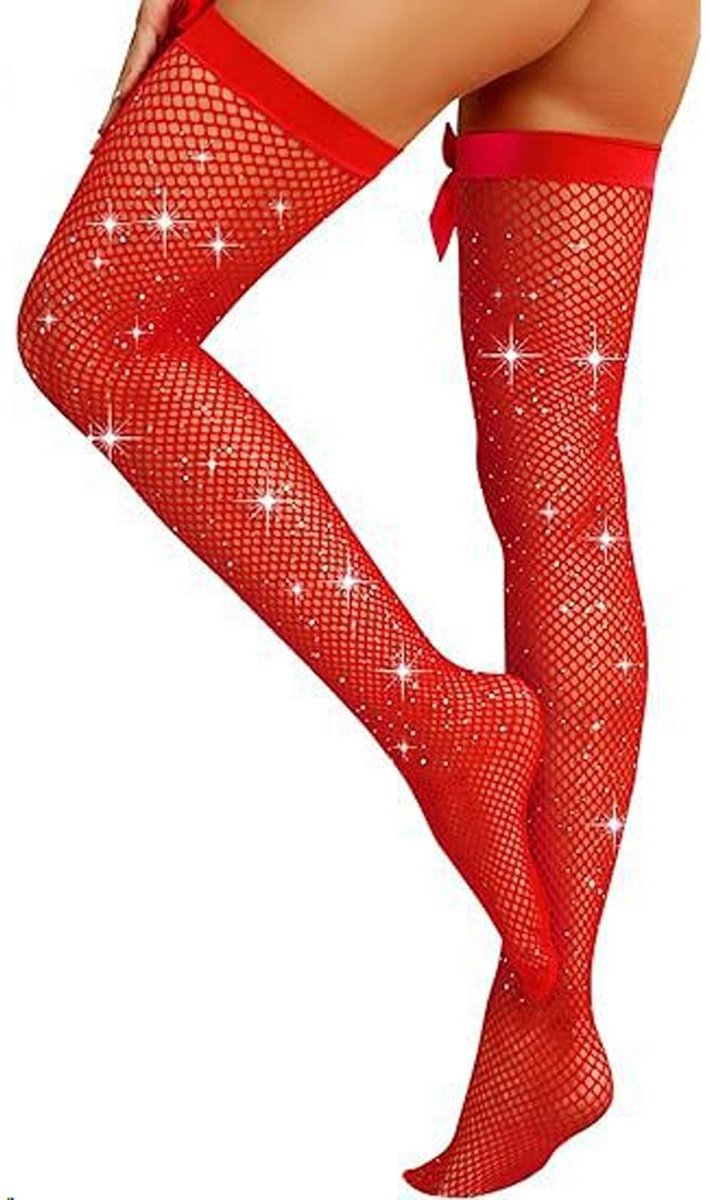 SPHProducts - Vissennet Kousen - Dames Kousen met Strik - Zwart en Rood - Hold-Up Stockings - Fashionable Lingerie - Perfect voor Feestjes - Geschikt v...