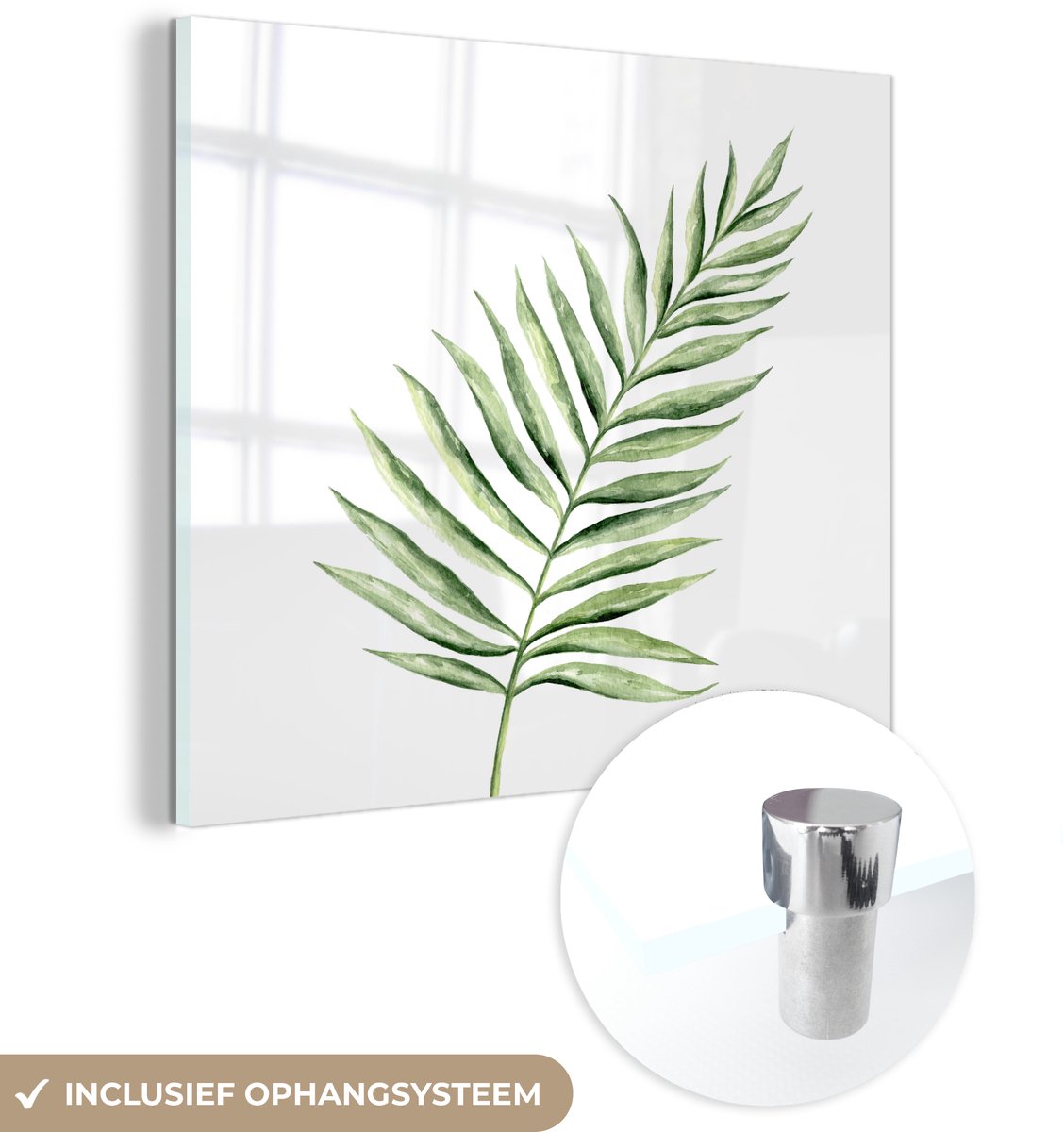 ® Glasschilderij 50x50 cm - Schilderij acrylglas - Plant - Waterverf - Aquarel - Foto op glas - Muurdecoratie woonkamer - Wanddecoratie slaapkamer - Schilderijen
