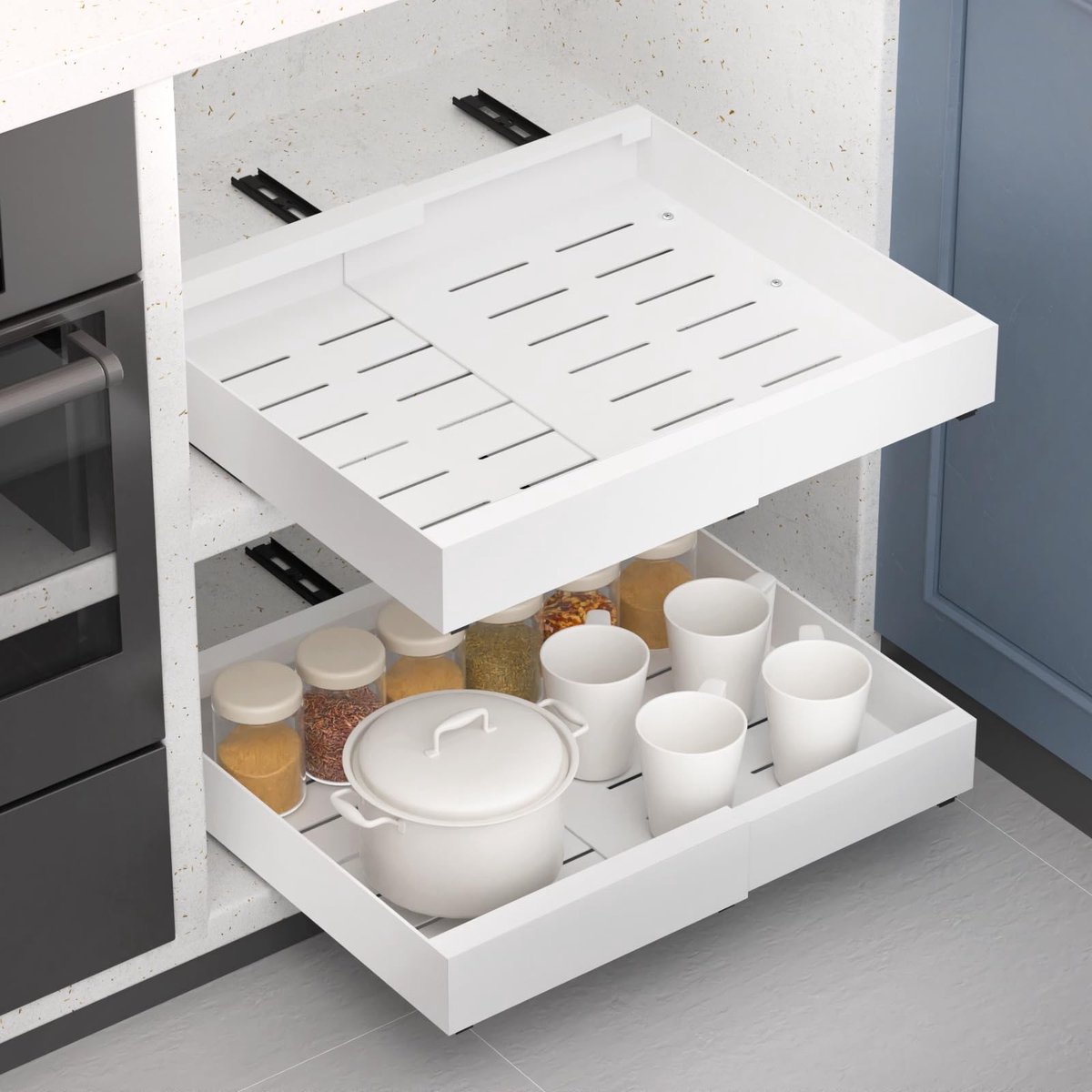aladdien - Telescopische Lade - Uittrekbare Keukenlade - Geen Boren - Wit - Keuken Organizer - Opbergoplossing - Geschikt voor Keuken en Badkamer